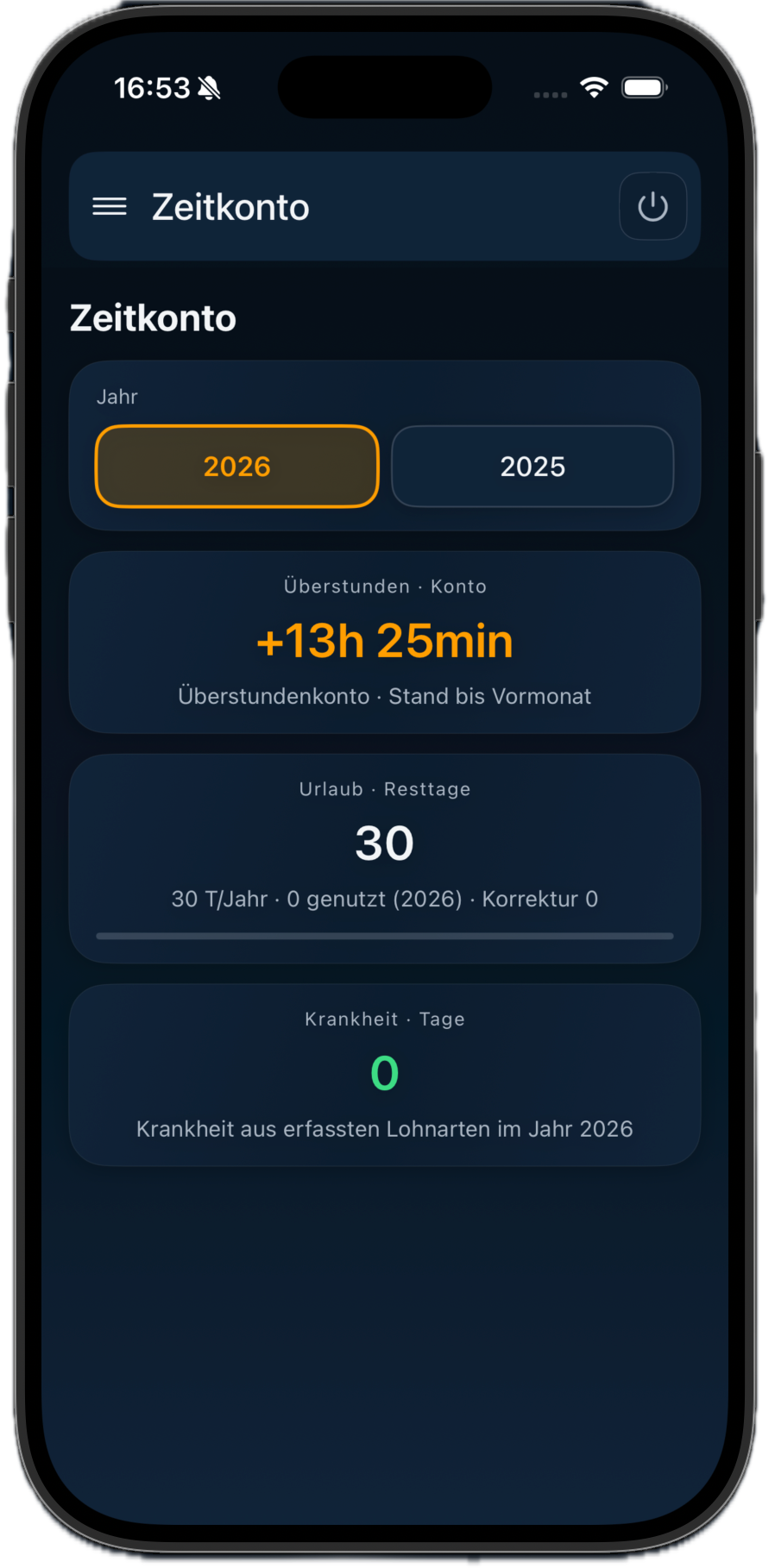 Zeitkonto in der zeamex App mit Soll- und Ist-Stunden