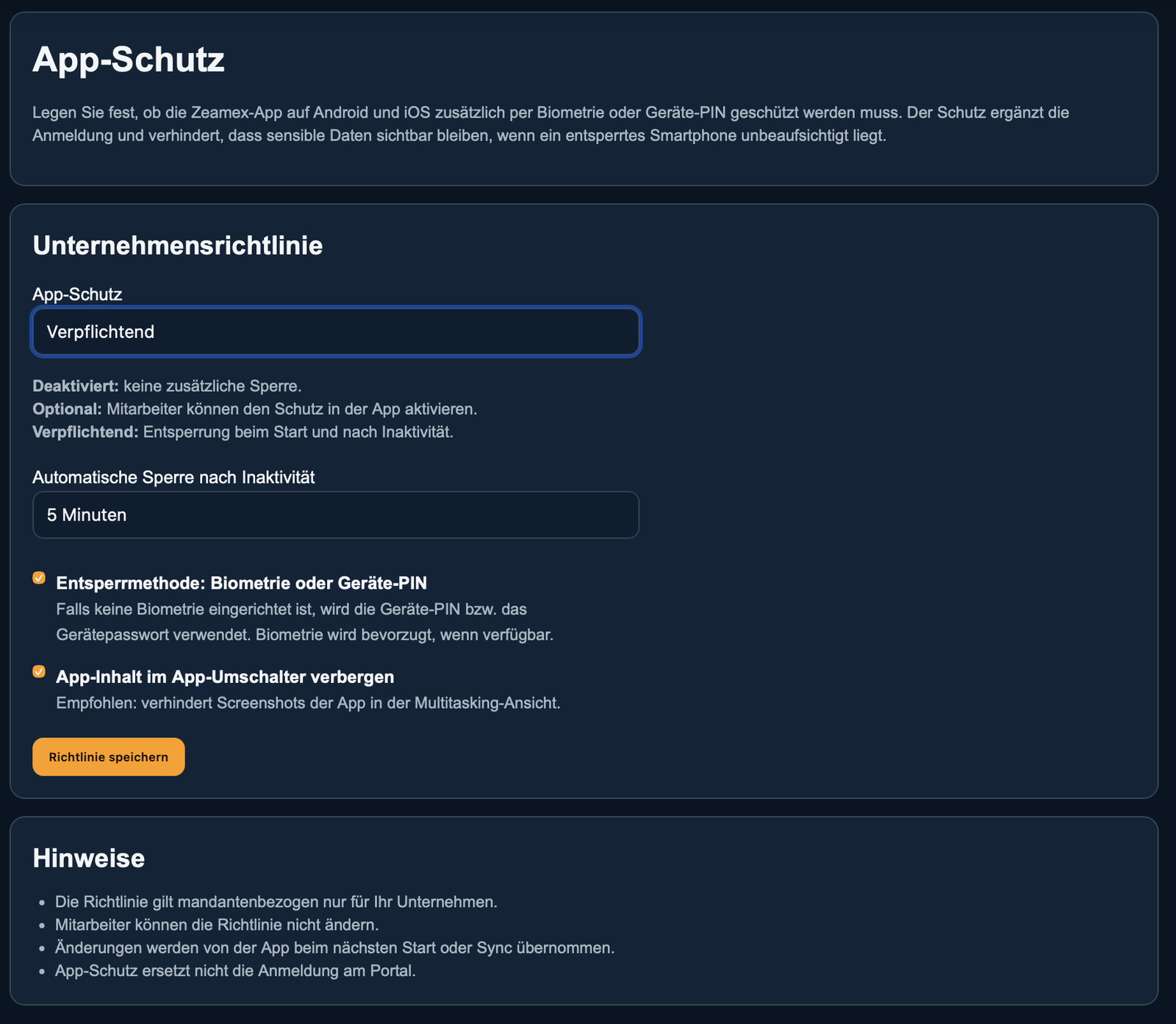 App-Schutz-Einstellungen im zeamex Portal