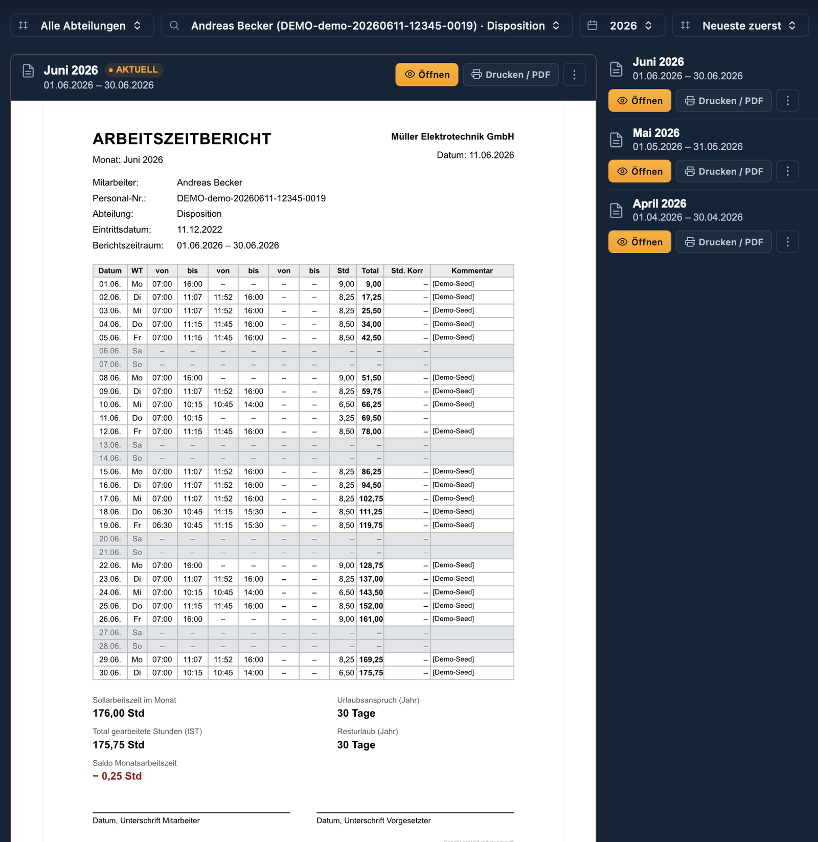 Arbeitszeitbericht im zeamex Portal