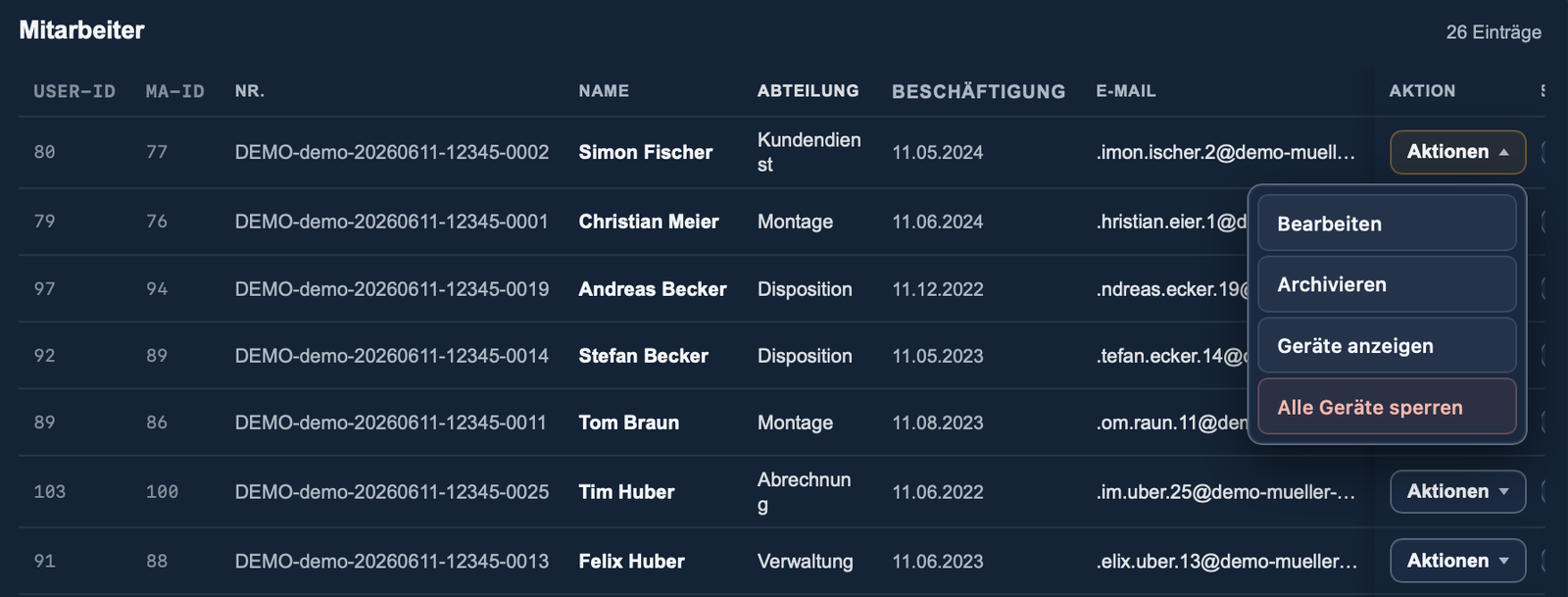 Mitarbeiterübersicht im zeamex Portal
