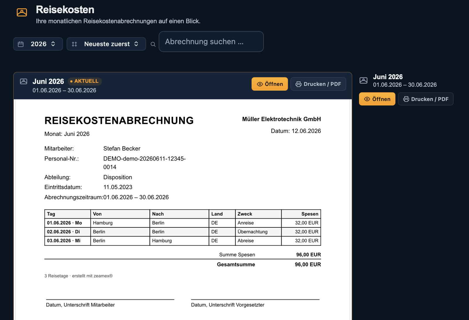 Reisekostenabrechnung im zeamex Portal