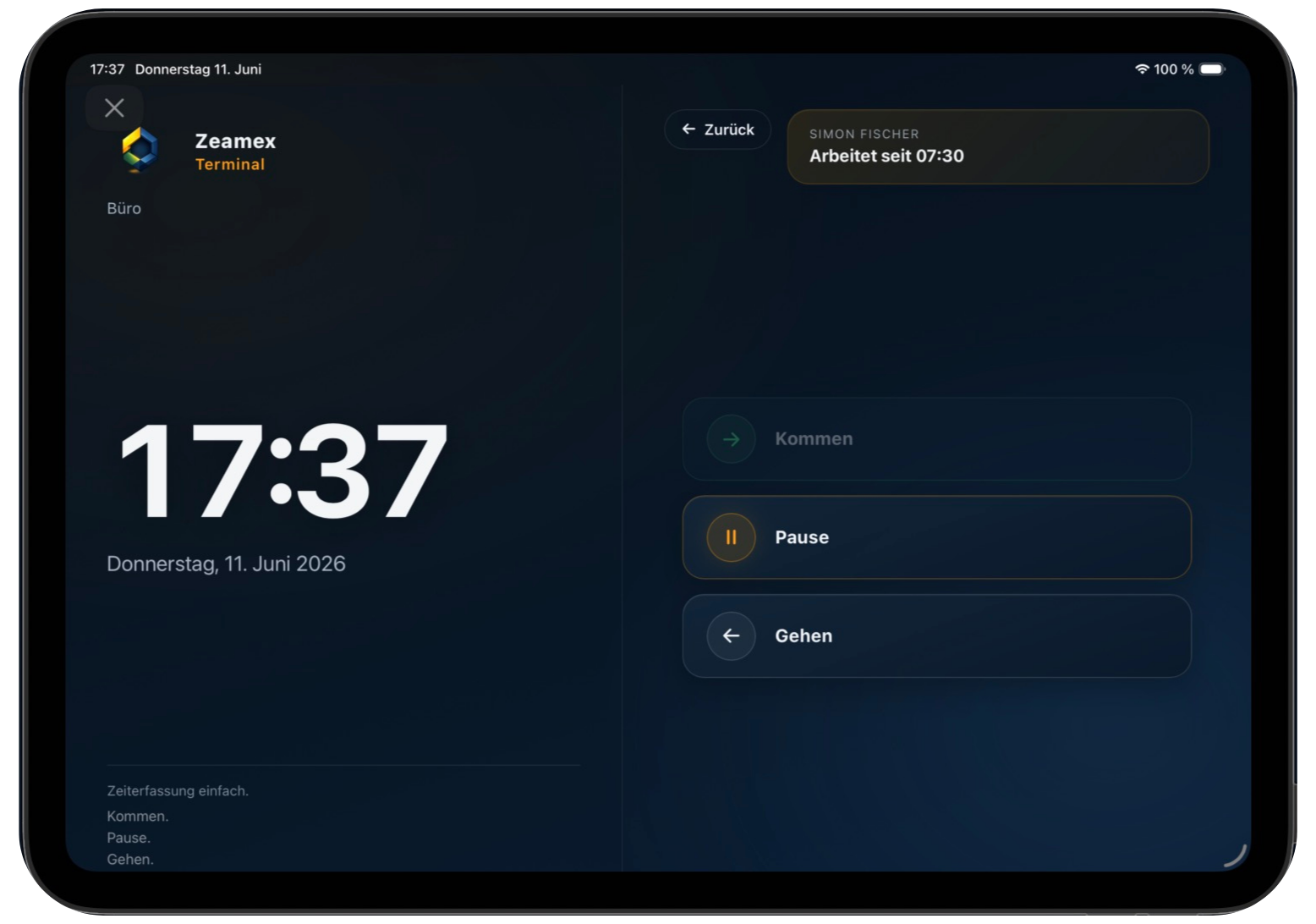zeamex Terminal: Zeit erfassen mit Kommen, Pause und Gehen